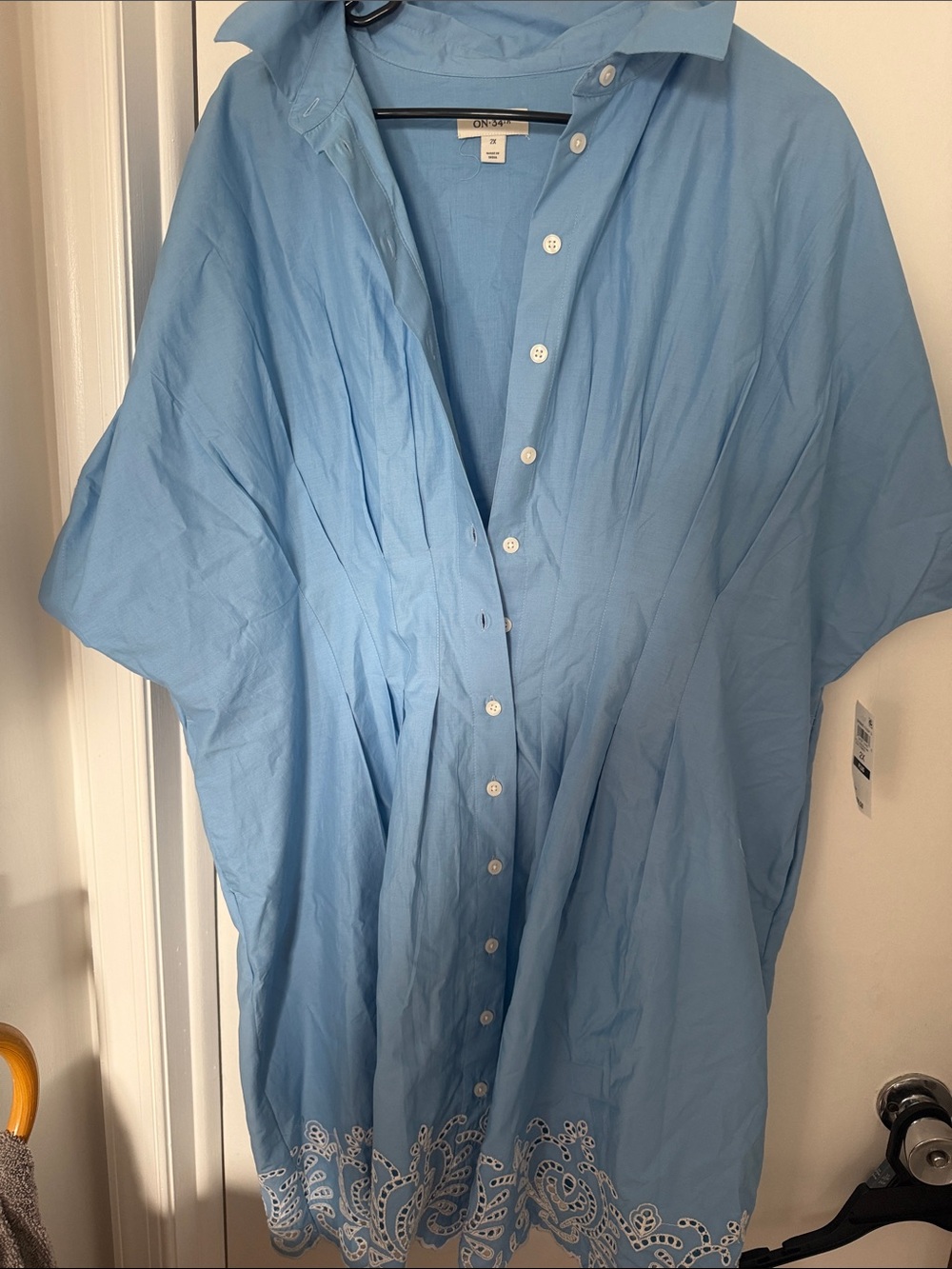 Macy’s ON 34 Light Blue Button-Down Embroidered Hem Dress